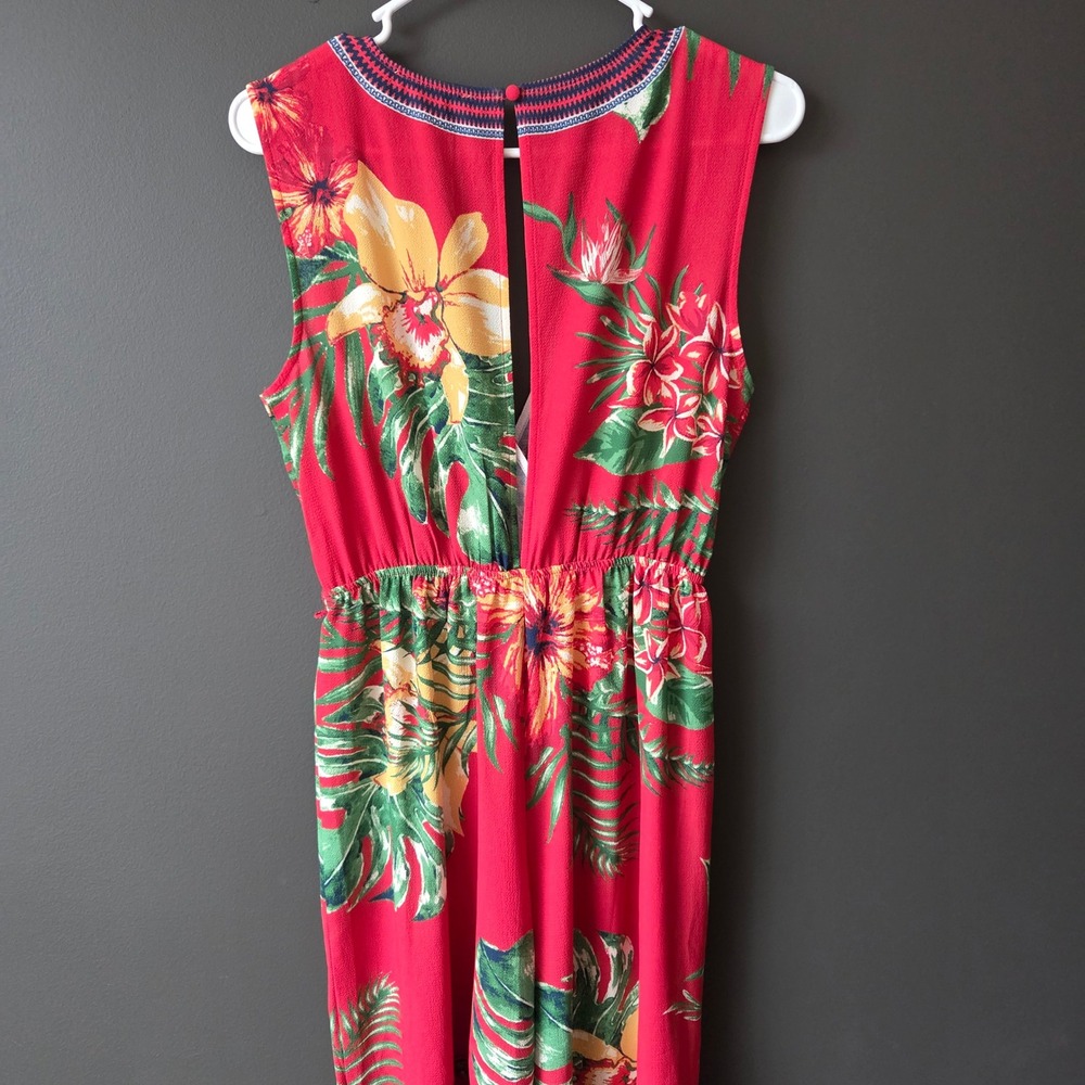 Flying Tomato Red Tropical Floral Wide Leg Jumpsuit V-Neck Boho Medium - Picture 8 of 11